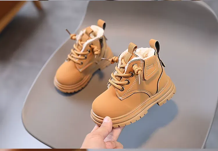 Boys Winter Boots - Boys New Winter Thickened Anti Slip Leather Side Zipper Boots