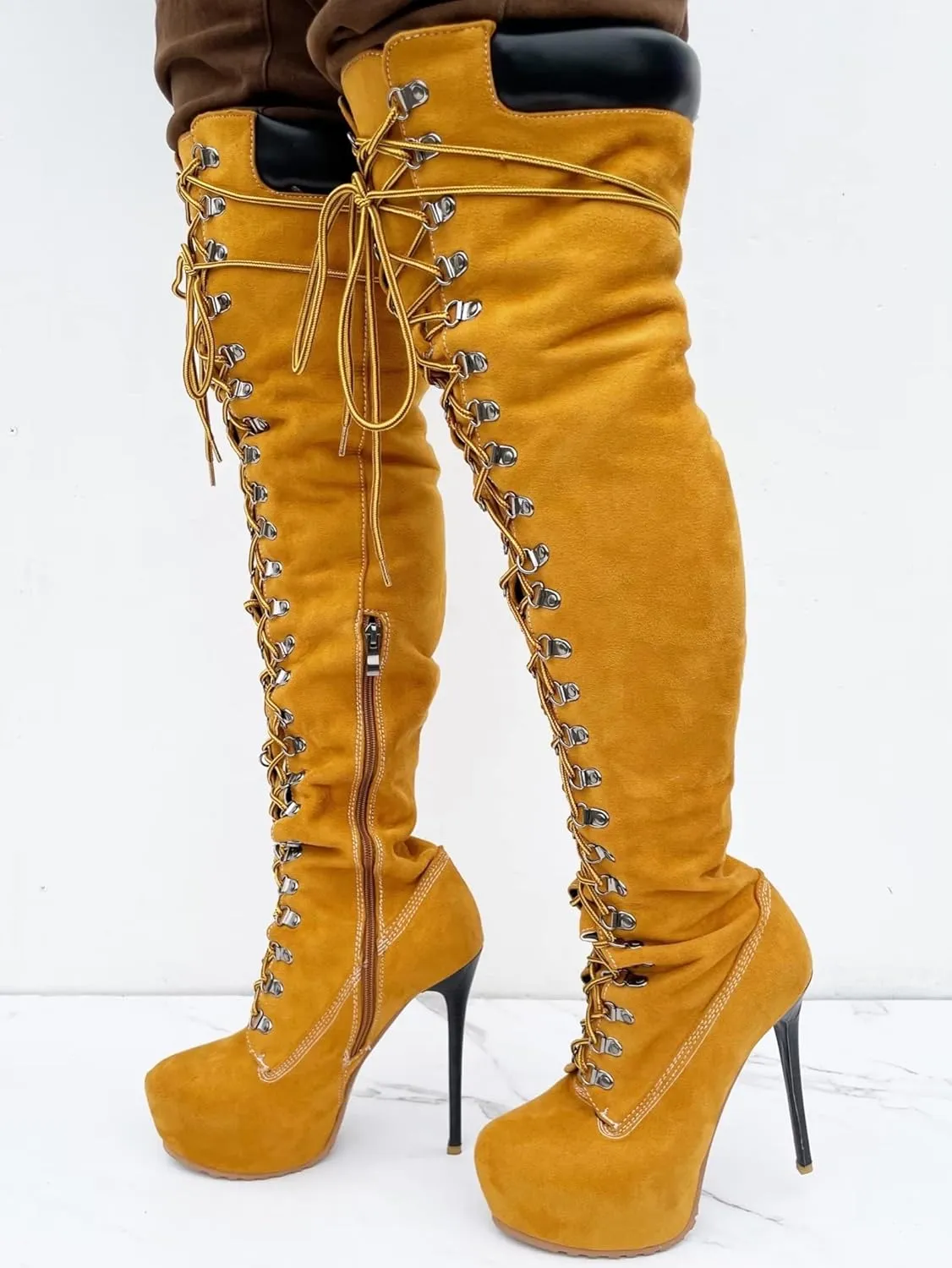 Frankie Hsu Platform Stiletto Yellow Faux Suede Fur Lined Over The Knee Winter Work Boots, Cool Cargo Lace Up Thin Thigh High Style, Big Size Fashion Heelsed Long Shoes For Women Men