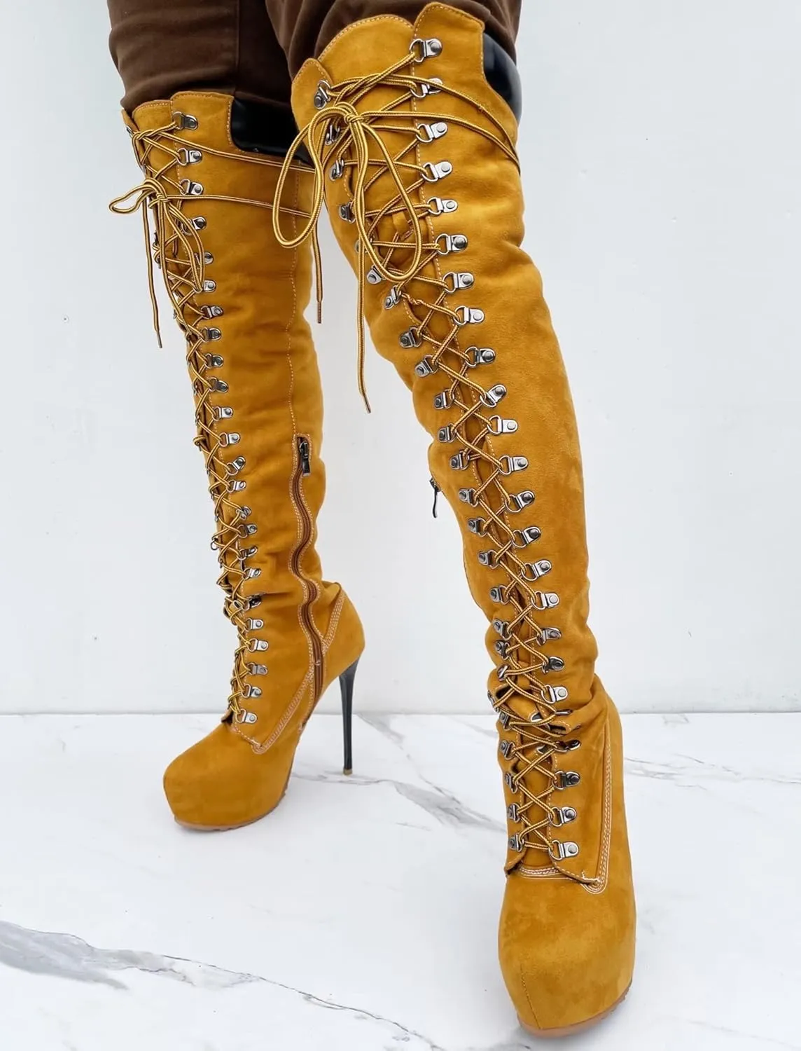 Frankie Hsu Platform Stiletto Yellow Faux Suede Fur Lined Over The Knee Winter Work Boots, Cool Cargo Lace Up Thin Thigh High Style, Big Size Fashion Heelsed Long Shoes For Women Men