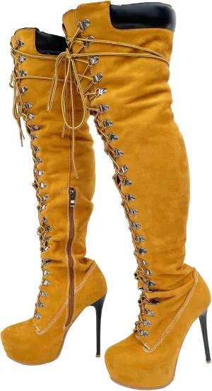 Frankie Hsu Platform Stiletto Yellow Faux Suede Fur Lined Over The Knee Winter Work Boots, Cool Cargo Lace Up Thin Thigh High Style, Big Size Fashion Heelsed Long Shoes For Women Men