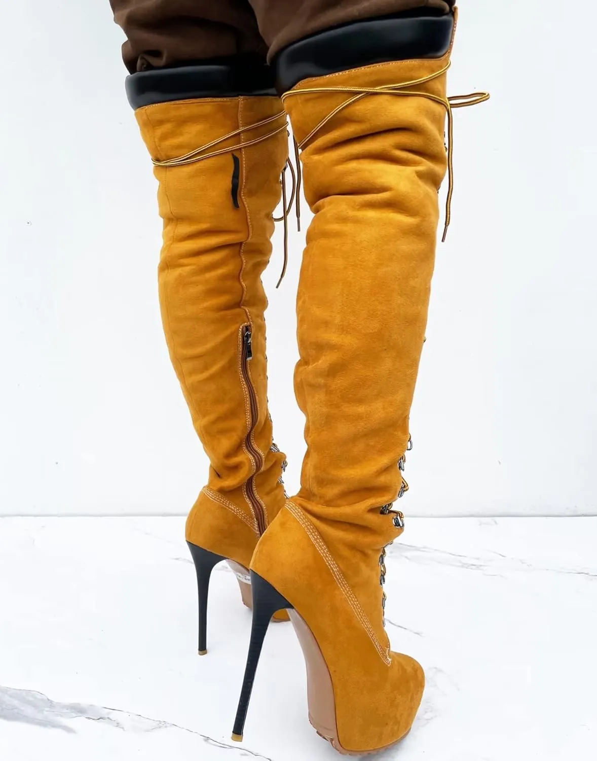 Frankie Hsu Platform Stiletto Yellow Faux Suede Fur Lined Over The Knee Winter Work Boots, Cool Cargo Lace Up Thin Thigh High Style, Big Size Fashion Heelsed Long Shoes For Women Men