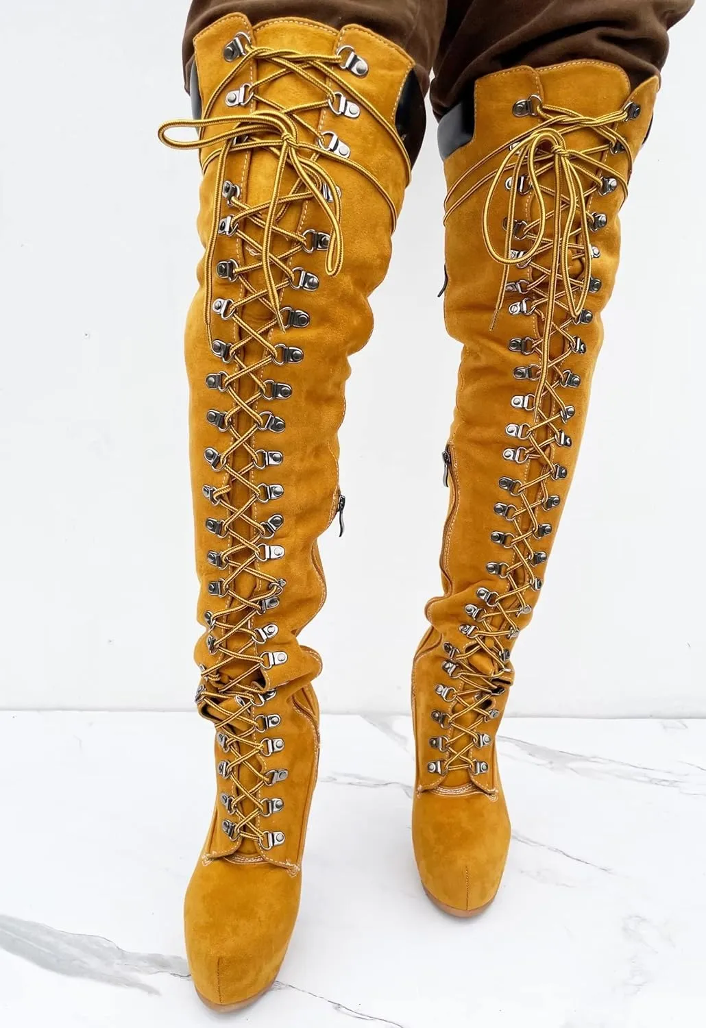 Frankie Hsu Platform Stiletto Yellow Faux Suede Fur Lined Over The Knee Winter Work Boots, Cool Cargo Lace Up Thin Thigh High Style, Big Size Fashion Heelsed Long Shoes For Women Men