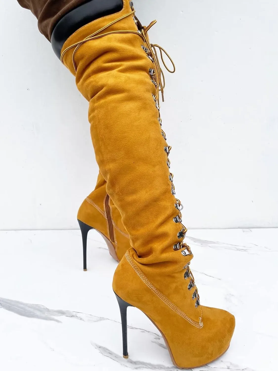 Frankie Hsu Platform Stiletto Yellow Faux Suede Fur Lined Over The Knee Winter Work Boots, Cool Cargo Lace Up Thin Thigh High Style, Big Size Fashion Heelsed Long Shoes For Women Men