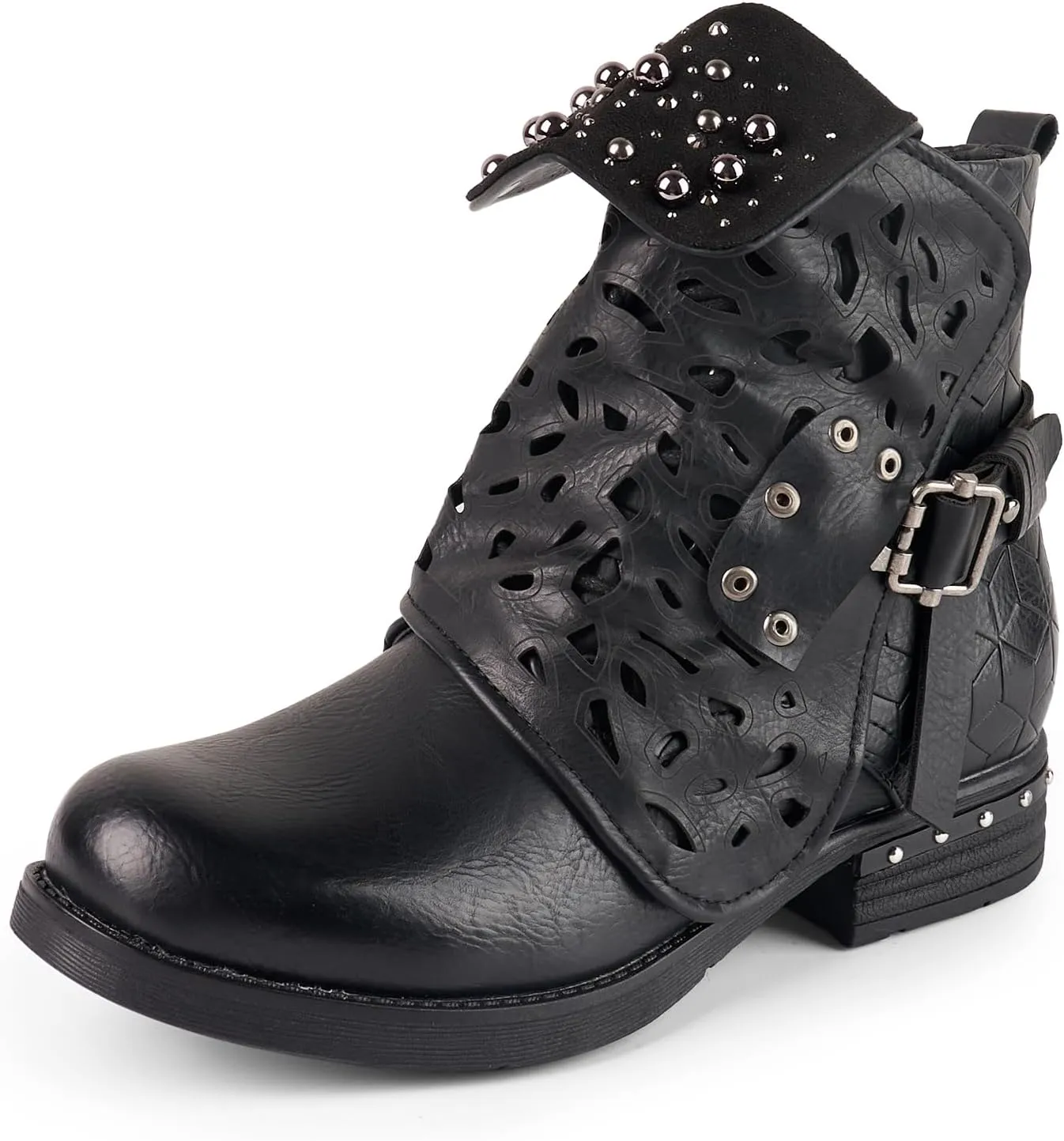 LALA IKAI Women Motorcycle Boots Combat Ankle Combat Boots with Studded Low Block Heels Biker Shoes Black/Gray/Brown