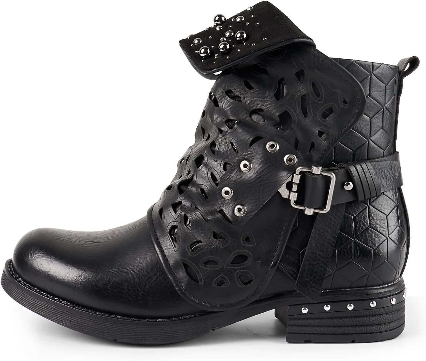 LALA IKAI Women Motorcycle Boots Combat Ankle Combat Boots with Studded Low Block Heels Biker Shoes Black/Gray/Brown