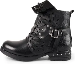 LALA IKAI Women Motorcycle Boots Combat Ankle Combat Boots with Studded Low Block Heels Biker Shoes Black/Gray/Brown