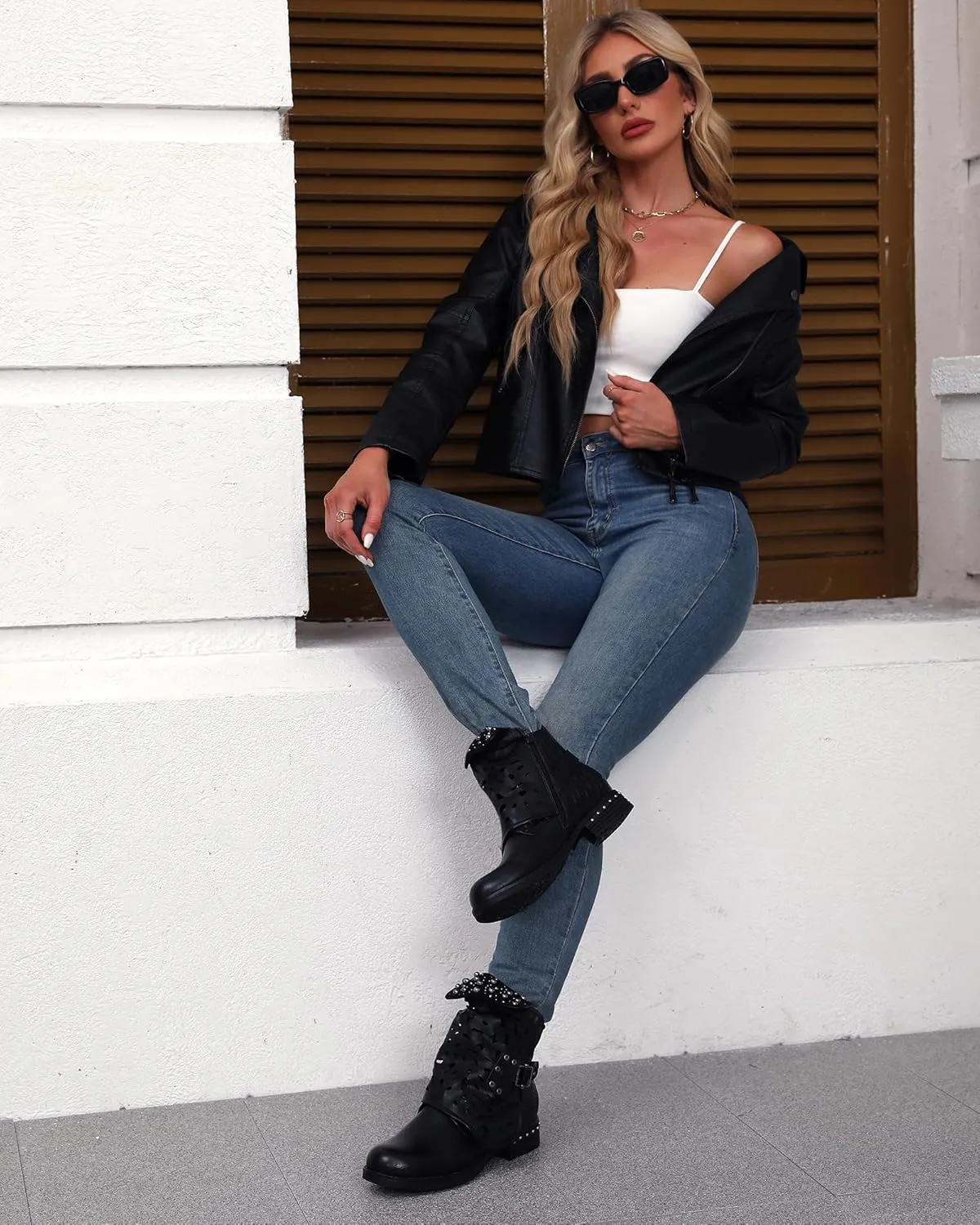 LALA IKAI Women Motorcycle Boots Combat Ankle Combat Boots with Studded Low Block Heels Biker Shoes Black/Gray/Brown