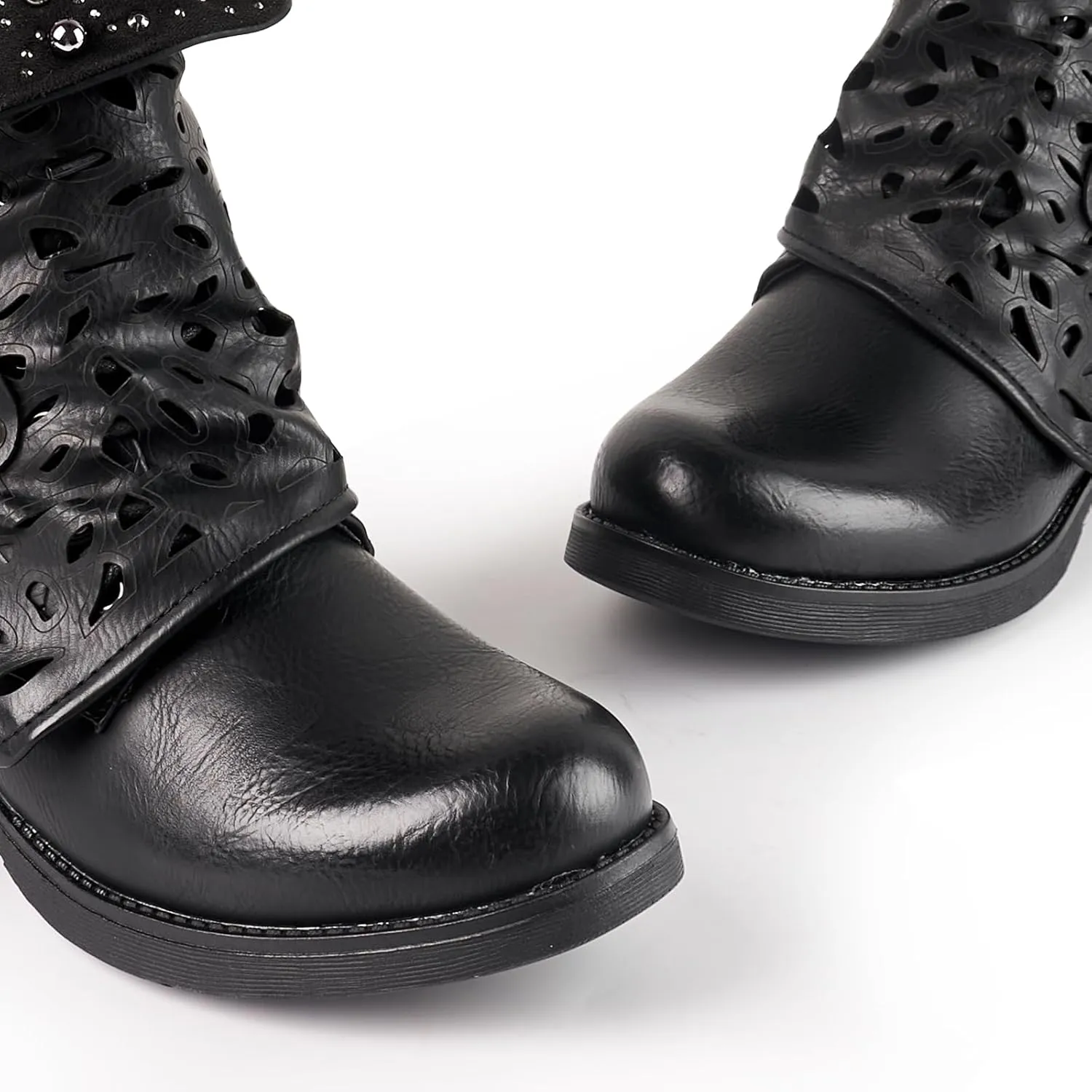 LALA IKAI Women Motorcycle Boots Combat Ankle Combat Boots with Studded Low Block Heels Biker Shoes Black/Gray/Brown