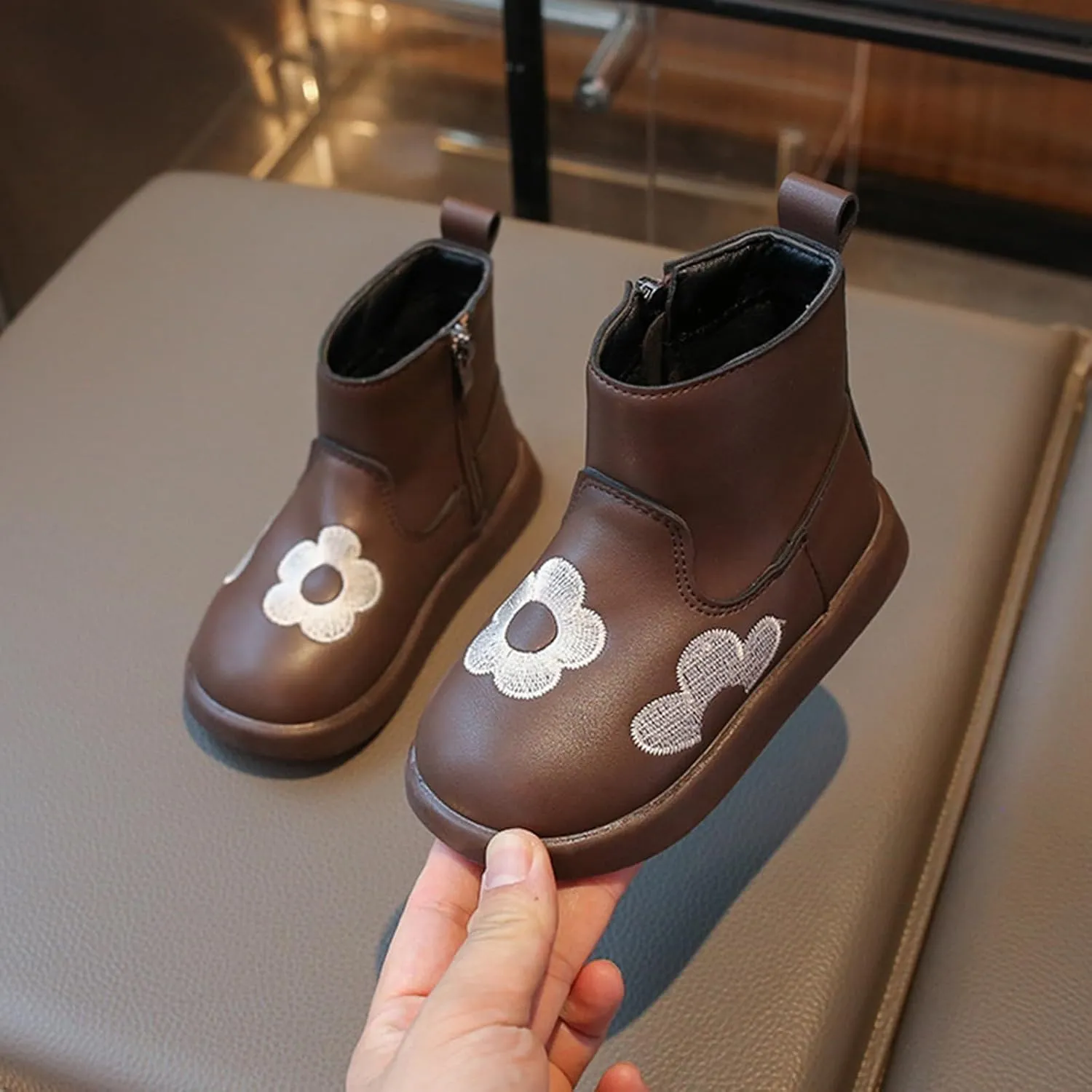 Toddler/Little Girls Short Ankle Boots Kids Flower Embroidery Side Zipper Dress Booties Casual School Flat Teenage Boots