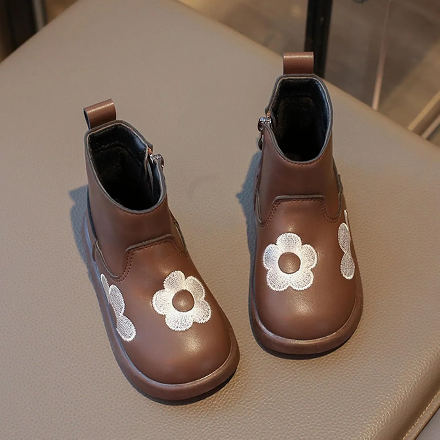 Toddler/Little Girls Short Ankle Boots Kids Flower Embroidery Side Zipper Dress Booties Casual School Flat Teenage Boots