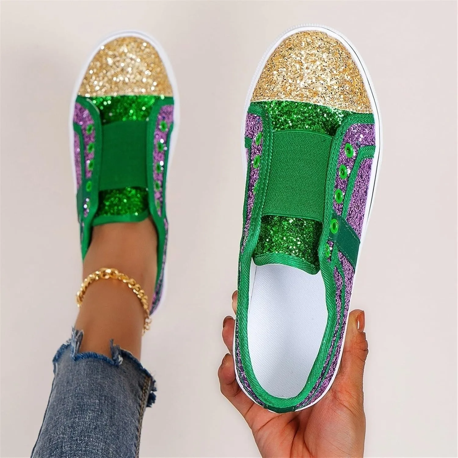 Women's Glitter Sequins Sneakers Fashion Color Matching Round Toe Slip On Flat Canvas Shoe Casual Lightweight Breathable Non Slip Dance Shoes
