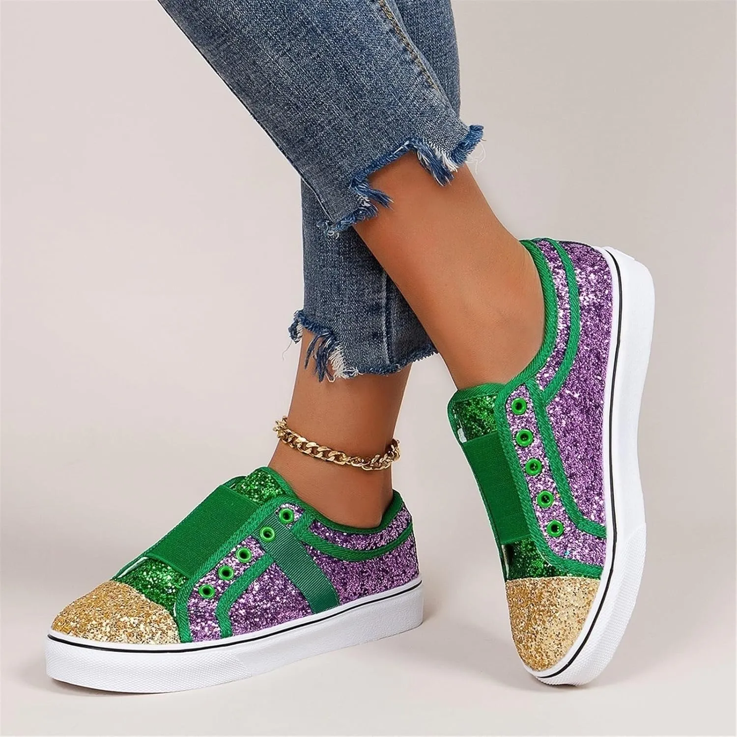 Women's Glitter Sequins Sneakers Fashion Color Matching Round Toe Slip On Flat Canvas Shoe Casual Lightweight Breathable Non Slip Dance Shoes