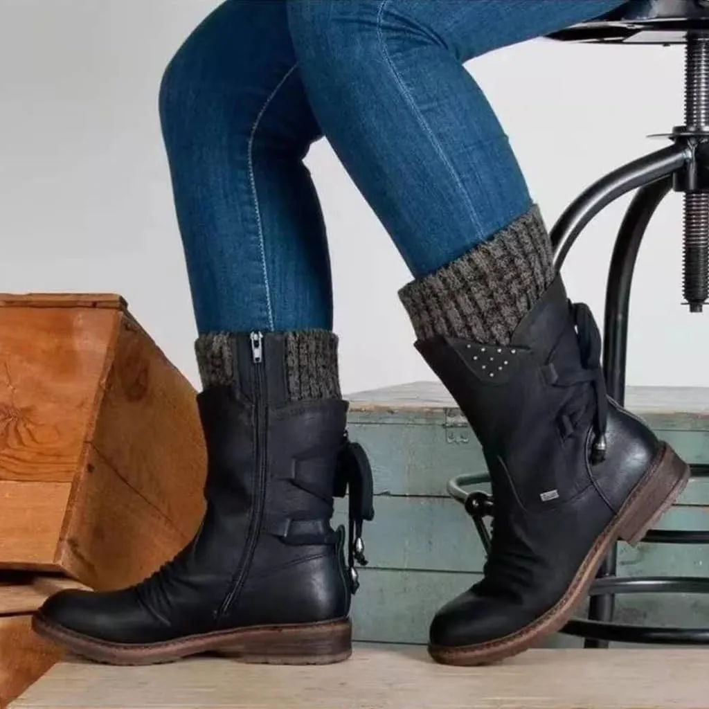 Women's Snow Boots Winter Warm Round Toe Lace Up Boot Western Platform Cowboy Boots Hiking Booties Non Slip Outdoor Mid Calf Boots Shoes